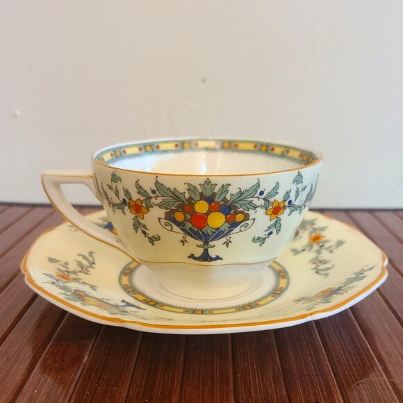 Crown Ducal Ware England Cup and Saucer Blue Urn/ Fruit 1927-30 - Picture 4 of 8